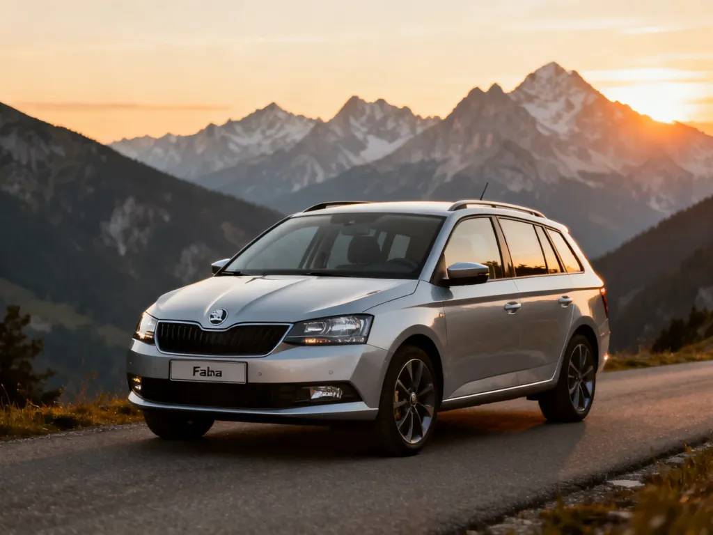 Srebrna Skoda Fabia Combi zaparkowana na górskiej drodze w blasku zachodzącego słońca.
