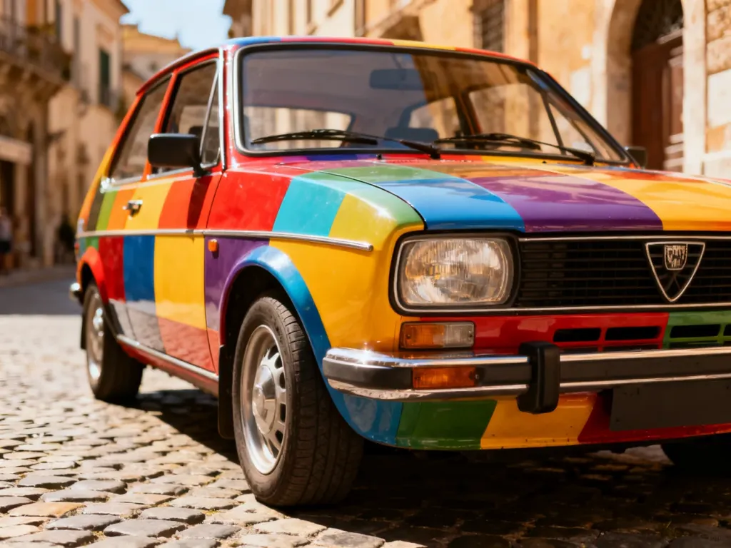 Kolorowy Volkswagen Polo Harlekin zaparkowany na brukowanej uliczce w europejskim miasteczku.