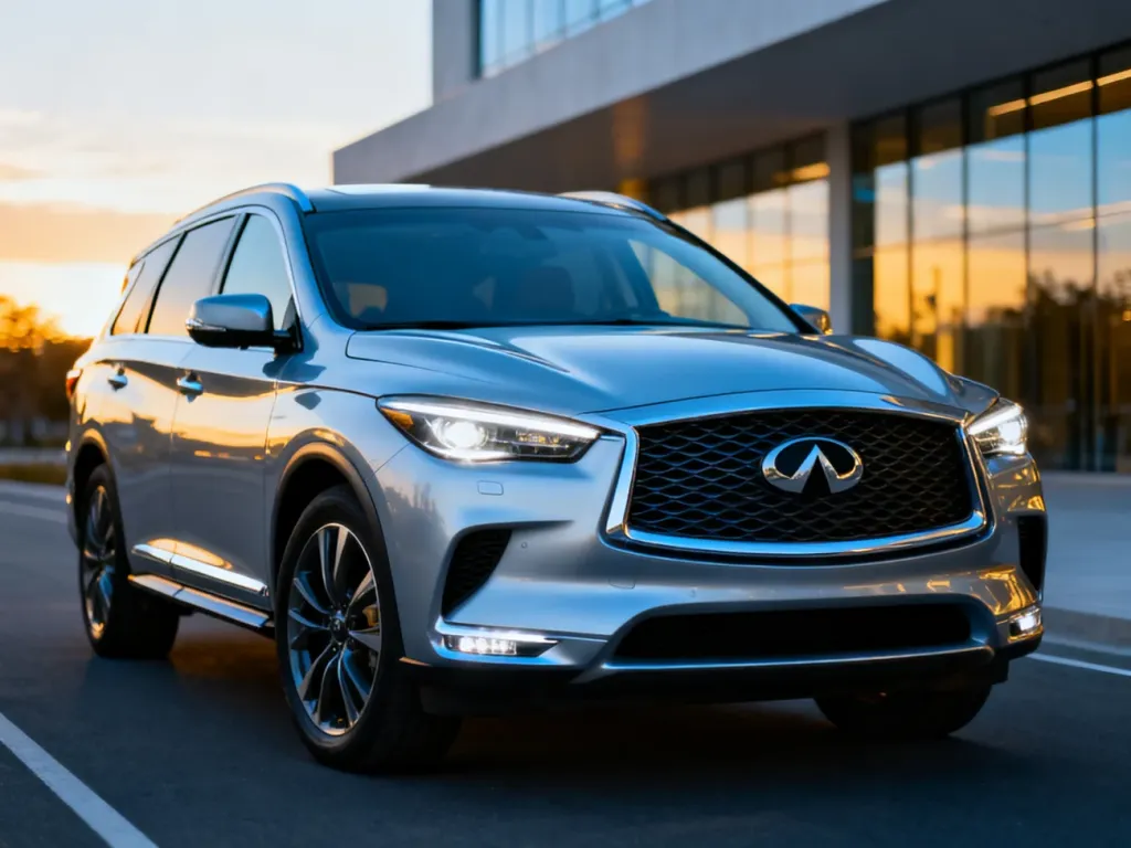 Srebrny SUV Infiniti QX60 zaparkowany na tle nowoczesnego budynku w świetle zachodzącego słońca.