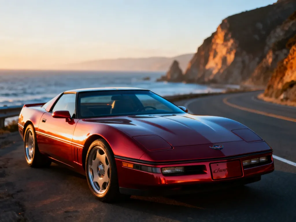 Czerwony Chevrolet Corvette C4 zaparkowany na malowniczej nadmorskiej trasie podczas zachodu słońca.