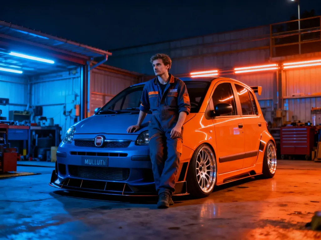 Zmodyfikowany Fiat Multipla z obniżonym zawieszeniem i poszerzonym nadwoziem w nowoczesnym garażu z neonowym oświetleniem.