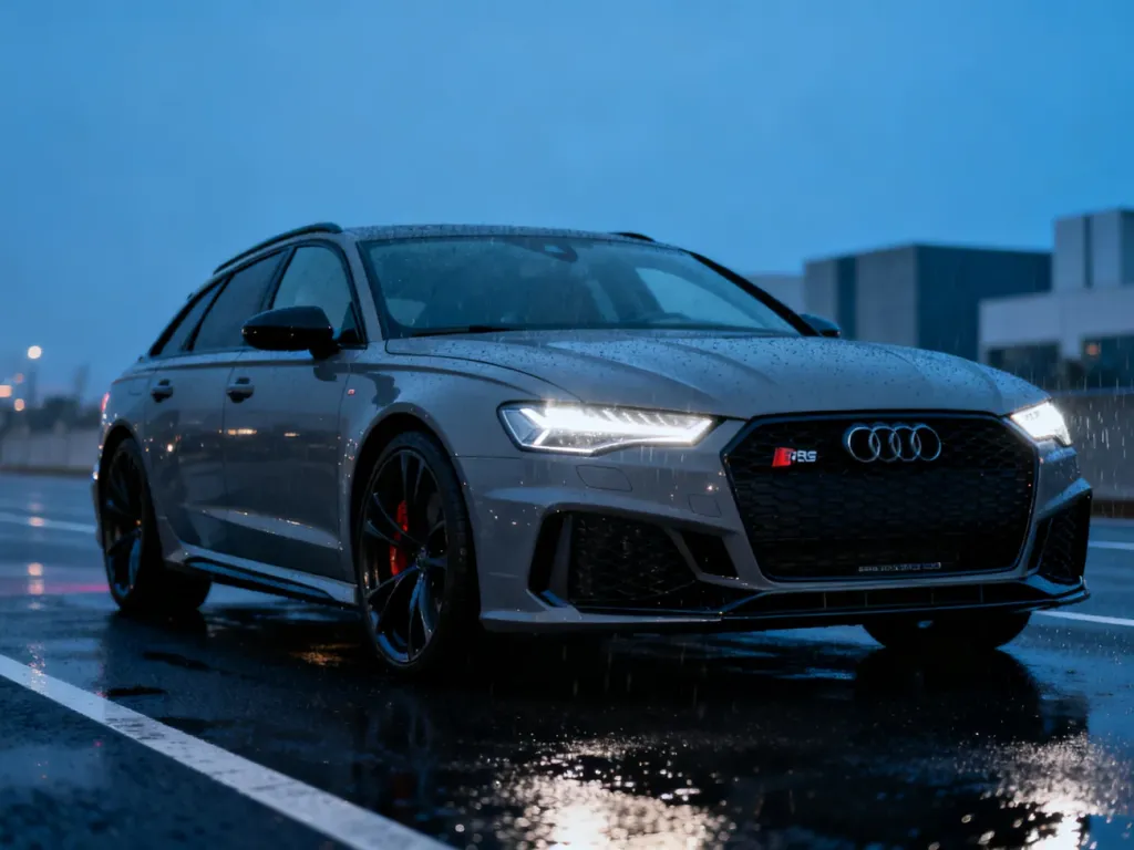 Audi RS6 sedan w kolorze Nardo Grey zaparkowane na deszczowej drodze o zmierzchu, podkreślające agresywny design auta.