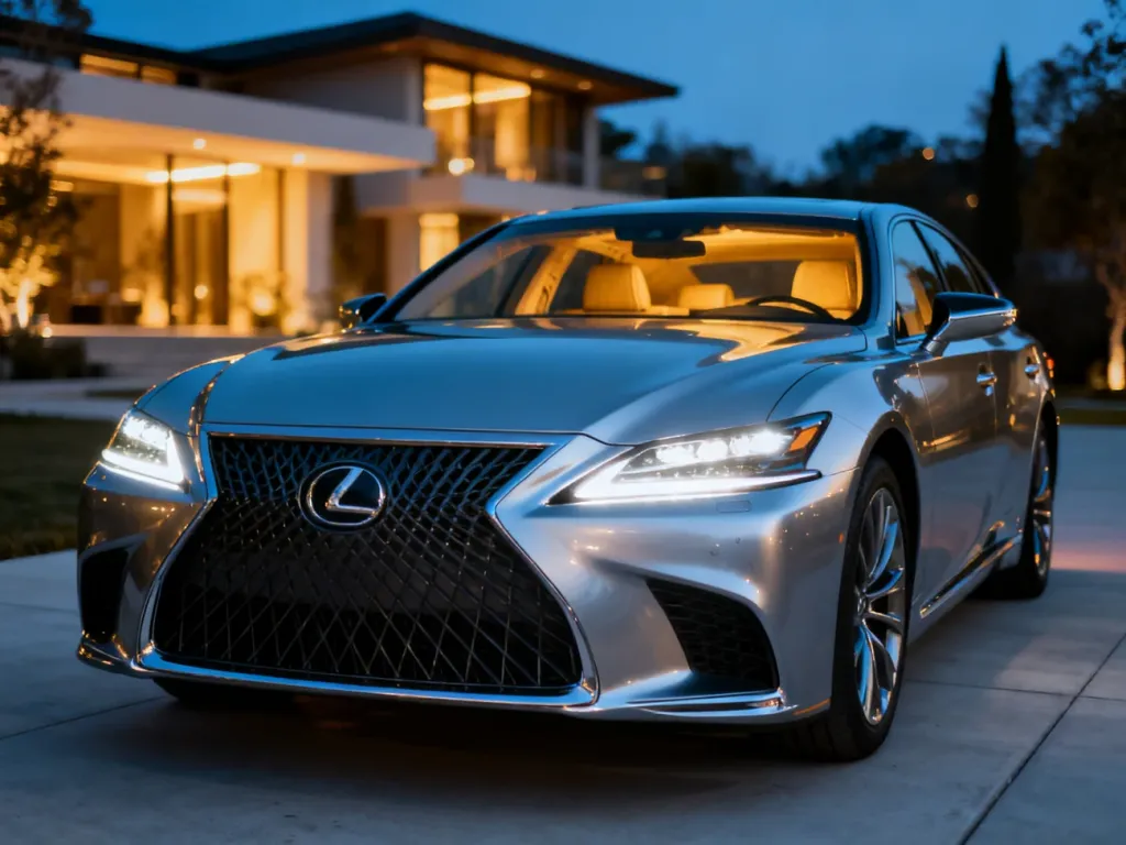 Srebrny Lexus LS500 zaparkowany na nowoczesnym podjeździe o zmierzchu, z wyeksponowanym charakterystycznym grillem.