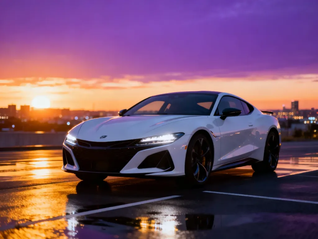 Biały Volkswagen Scirocco R zaparkowany na tle nowoczesnego miasta podczas zachodu słońca, podkreślający sportowy charakter auta.