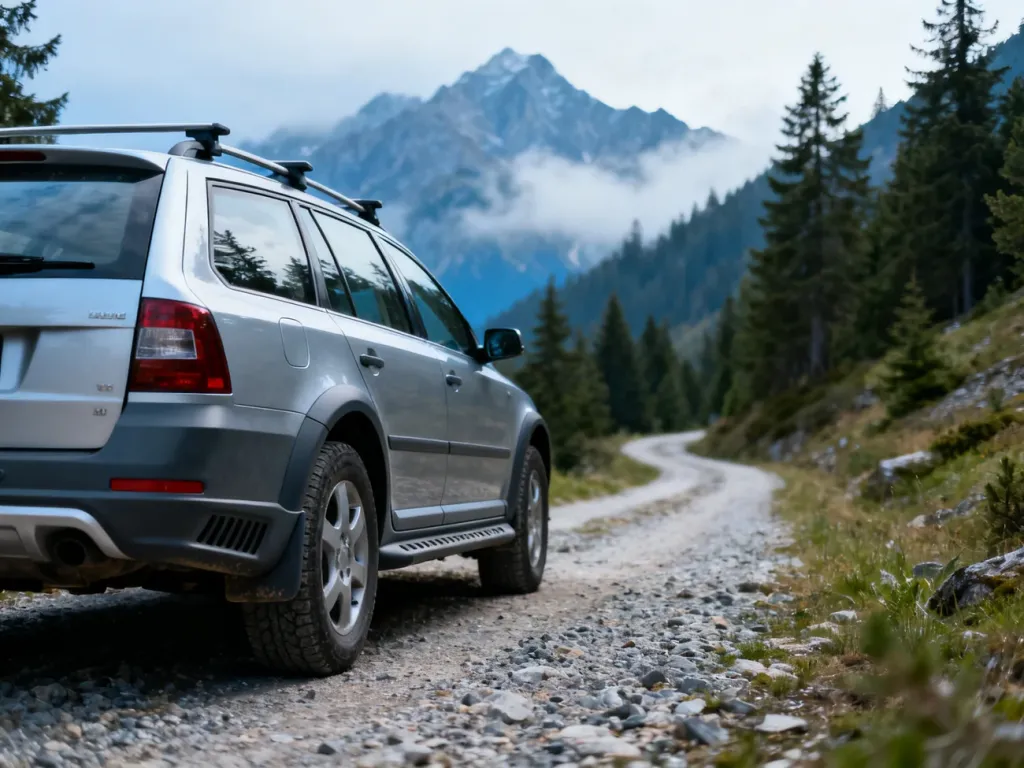 Srebrna Skoda Superb Scout zaparkowana na górskiej drodze, podkreślająca terenowy charakter i wytrzymałość modelu.