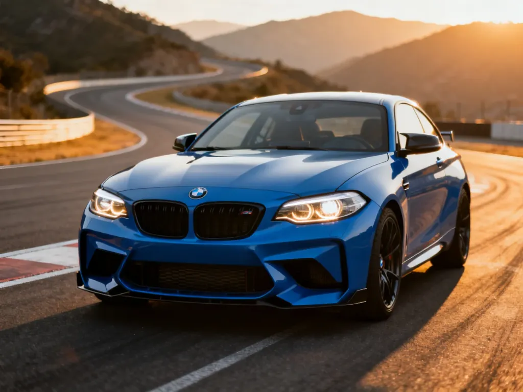 Niebieskie BMW M2 na torze wyścigowym podczas złotej godziny, podkreślające sportowy charakter i design pojazdu.