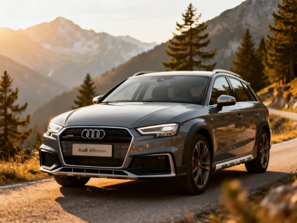 Audi A3 allstreet zaparkowane na malowniczej górskiej drodze w świetle zachodzącego słońca.