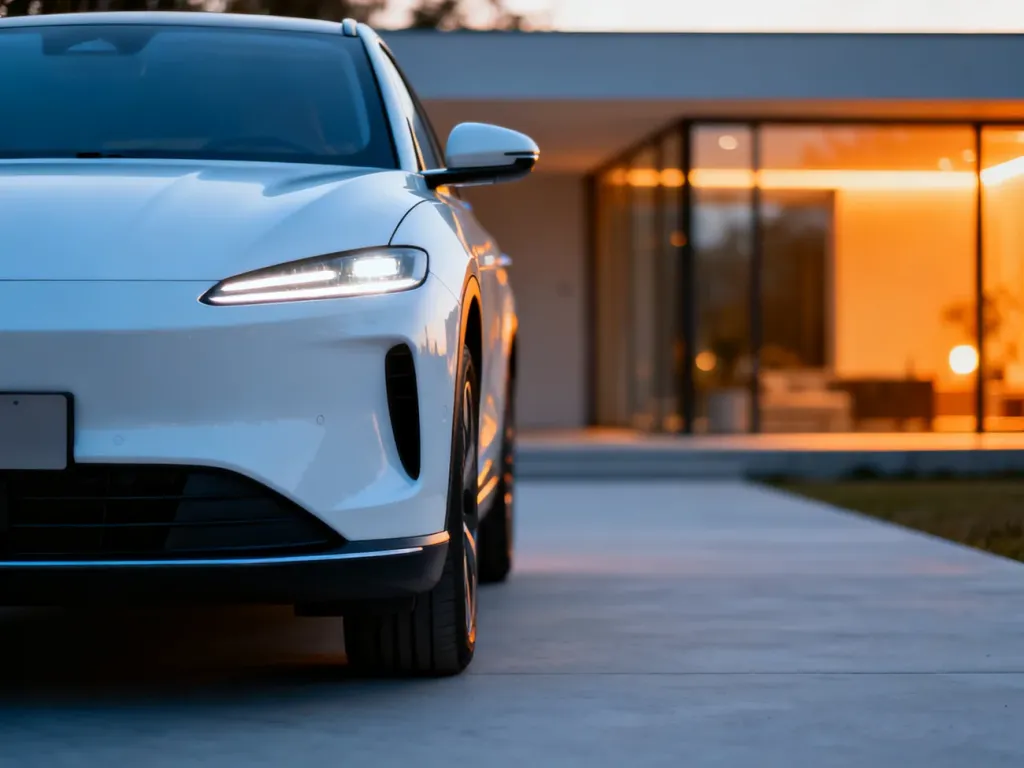 Nowoczesny, biały SUV elektryczny BYD Tang zaparkowany na tle minimalistycznego domu podczas złotej godziny.