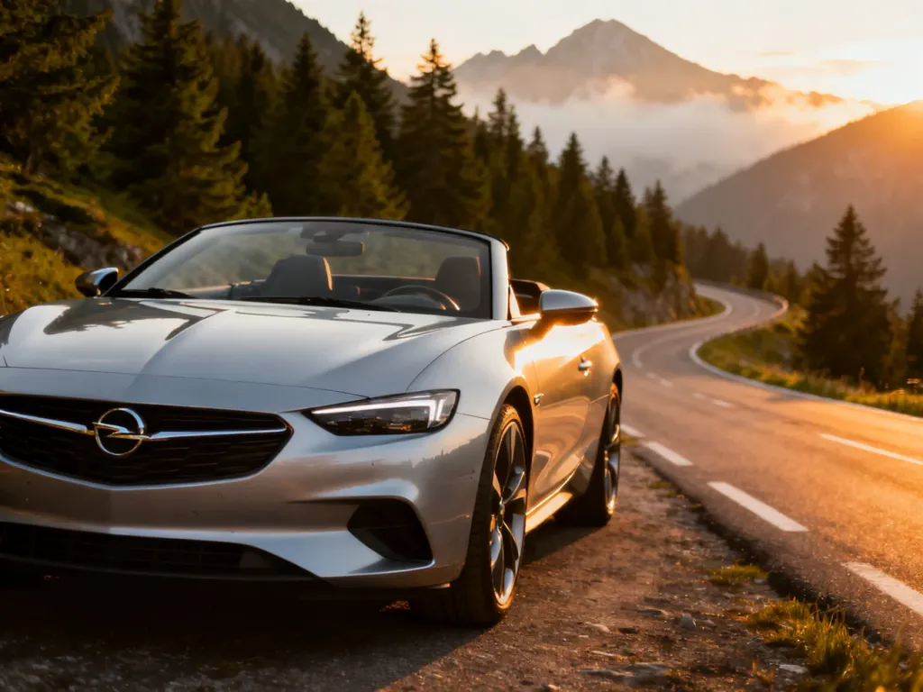 Srebrny Opel Speedster zaparkowany na malowniczej górskiej drodze w świetle zachodzącego słońca.