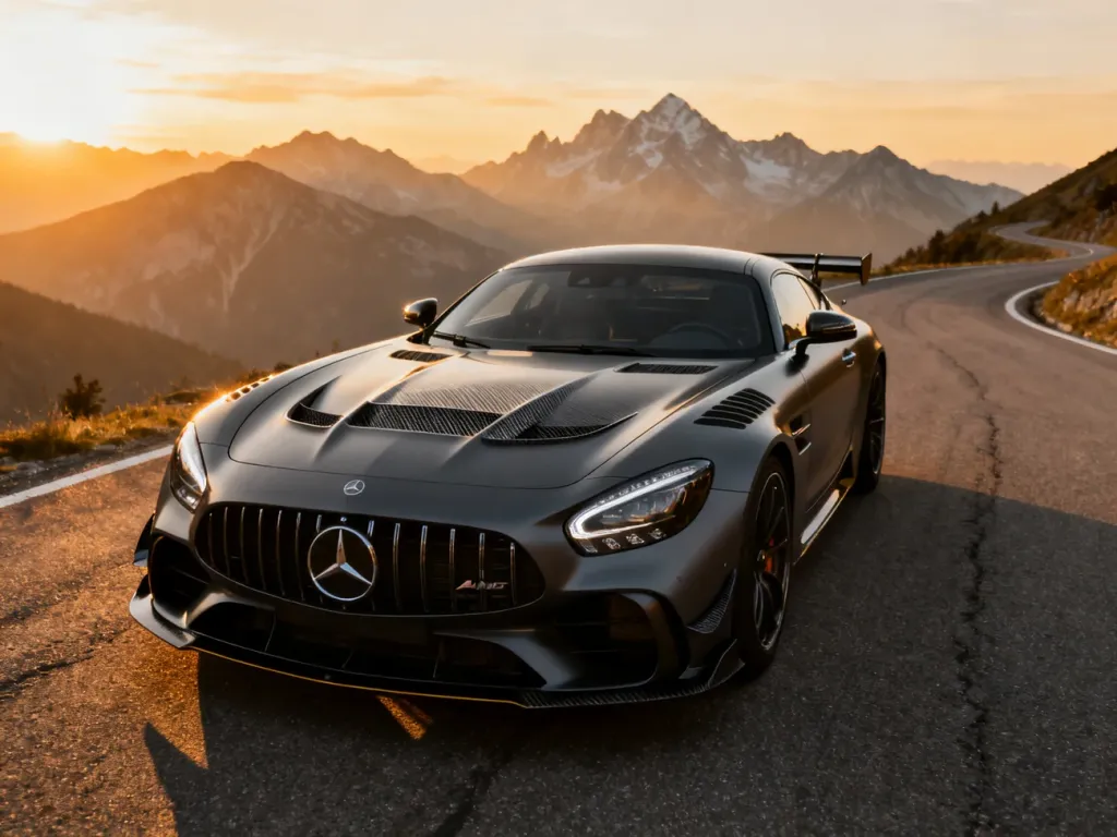 Matowy Mercedes AMG GT Black Series zaparkowany na krętej górskiej drodze podczas zachodu słońca.