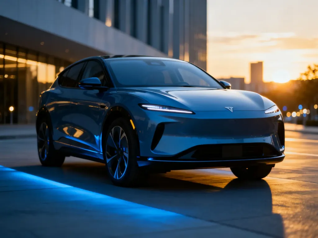 Nowoczesny elektryczny SUV Seres 3 zaparkowany na tle miejskiej architektury w świetle zachodzącego słońca.