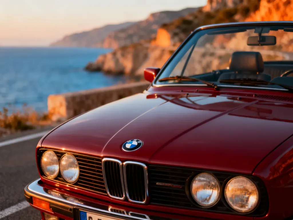 Klasyczne czerwone BMW E30 cabrio zaparkowane na malowniczej nadmorskiej drodze podczas złotej godziny.