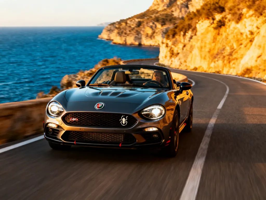 Abarth 124 spider jadący krętą nadmorską drogą w świetle zachodzącego słońca, z widocznym logo skorpiona na przednim zderzaku.