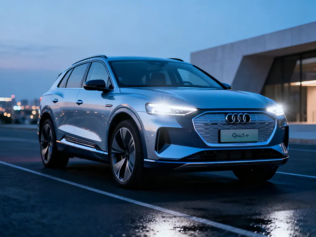 Nowoczesny elektryczny SUV Audi Q6 e-tron zaparkowany na mokrej nawierzchni o zmierzchu. Widoczne charakterystyczne reflektory LED.