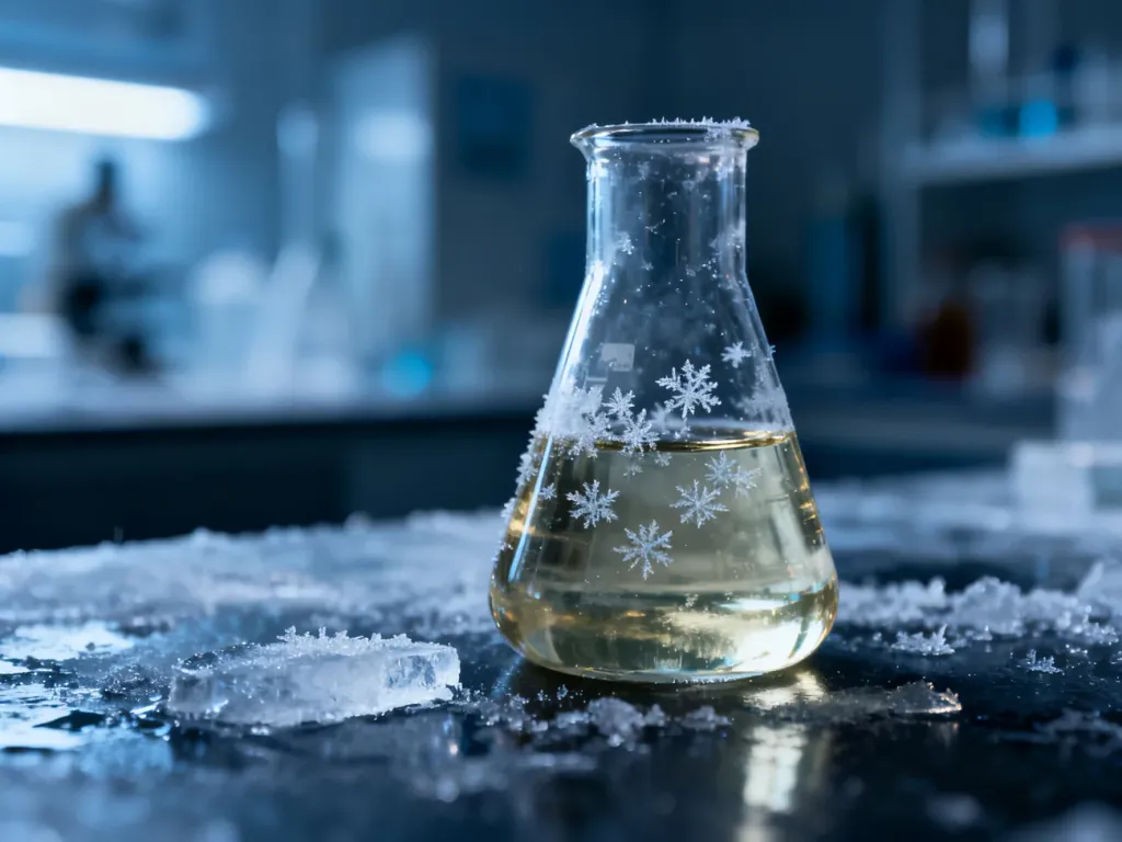 Zbliżenie na zlewkę z benzyną, w której tworzą się kryształki lodu, w mroźnym, laboratoryjnym otoczeniu.