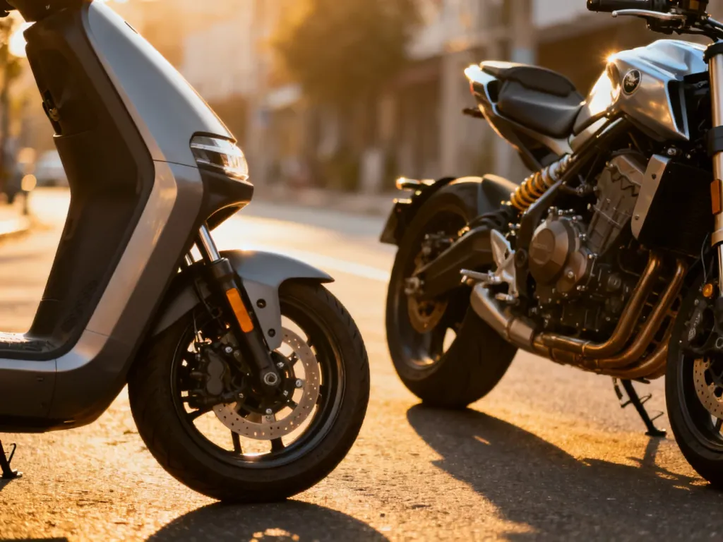 Nowoczesny skuter i potężny motocykl zaparkowane obok siebie na asfaltowej drodze w świetle zachodzącego słońca.