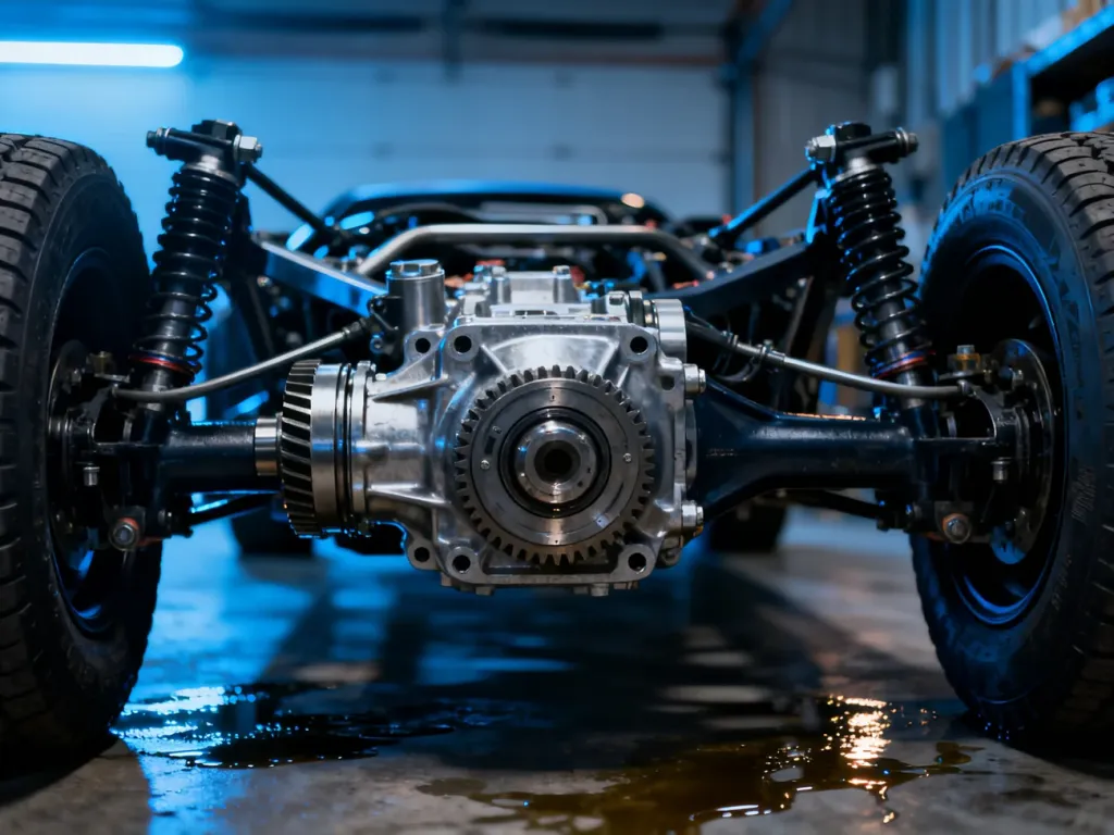 Zbliżenie na zaawansowany mechanizm różnicowy i elementy układu napędowego 4x4 w podwoziu samochodu.