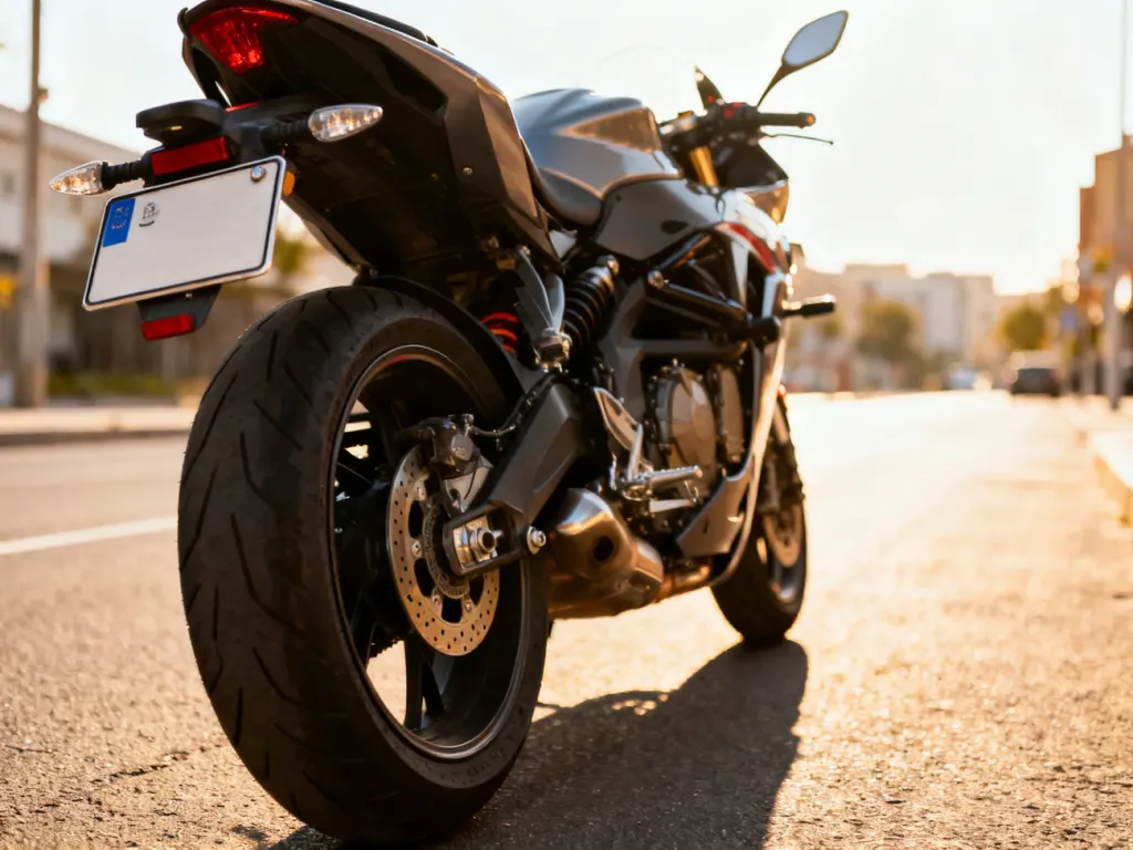 Nowoczesny motocykl zaparkowany na asfalcie, z wyeksponowaną tablicą rejestracyjną gotową do weryfikacji ubezpieczenia.