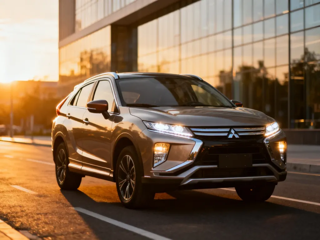 Nowoczesny Mitsubishi Eclipse Cross zaparkowany na miejskiej ulicy w blasku zachodzącego słońca.