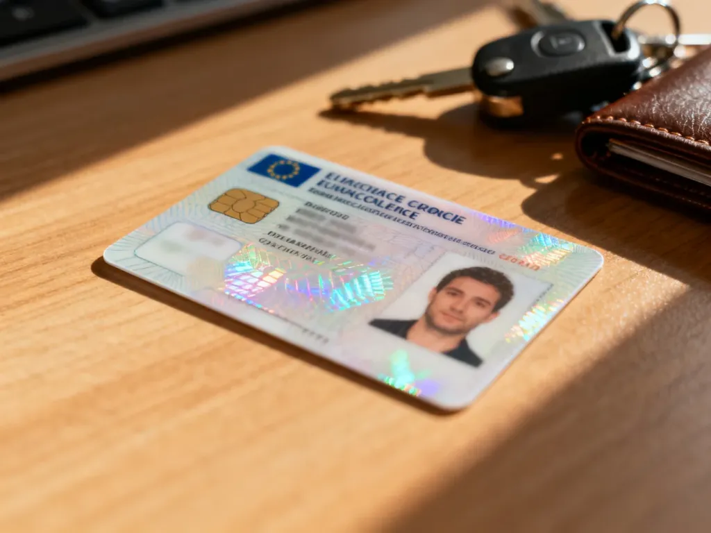Zbliżenie na europejskie prawo jazdy leżące na drewnianym biurku, ukazujące detale dokumentu i elementy zabezpieczające.