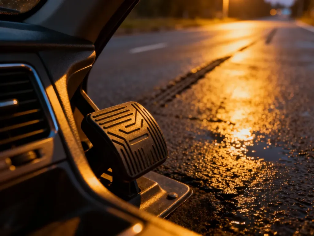 Zbliżenie na stopę wciskającą pedał hamulca w nowoczesnym samochodzie podczas jazdy po mokrej nawierzchni.