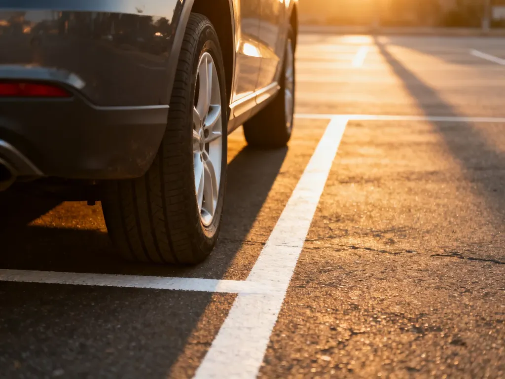 Samochód zaparkowany równo między białymi liniami na parkingu w świetle zachodzącego słońca.