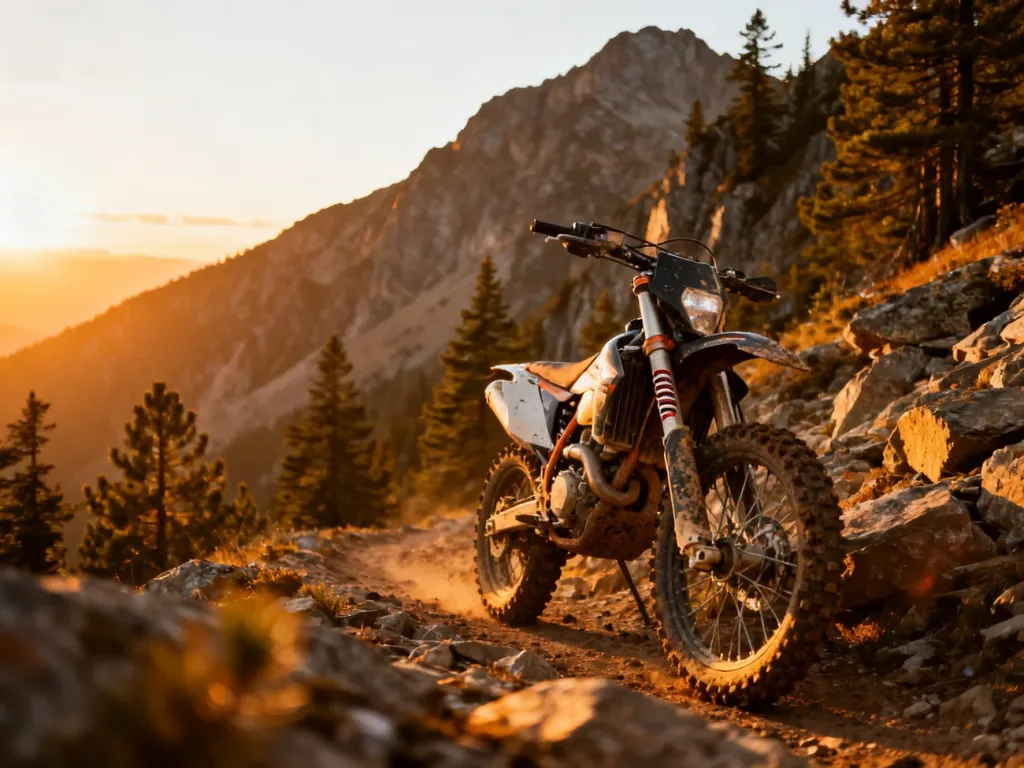Motocykl typu enduro zaparkowany na wymagającym, górzystym szlaku podczas zachodu słońca.