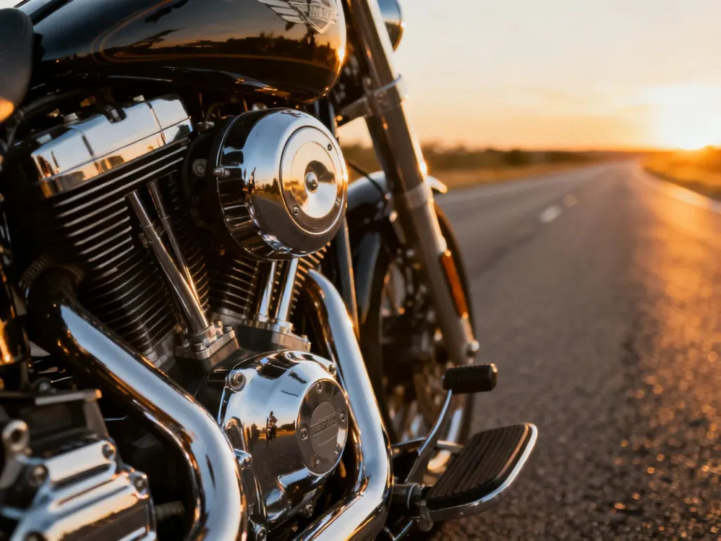 Lśniący chromowany silnik V-twin motocykla Honda VTX 1300 na tle zachodzącego słońca, podkreślający moc i detale techniczne.