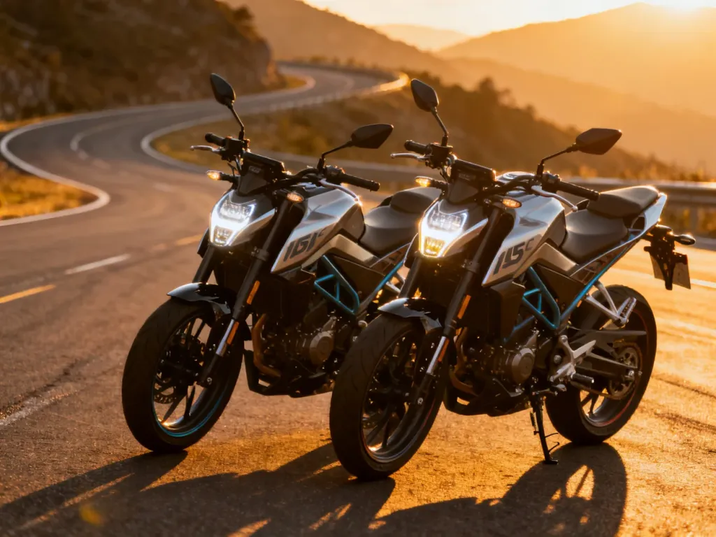 Zontes G1 125 i Honda CB125R zaparkowane obok siebie na torze podczas zachodu słońca, prezentujące detale obu motocykli.