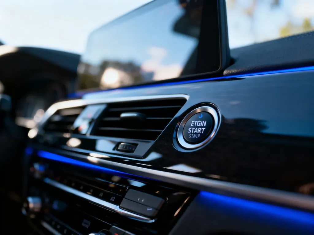 Zbliżenie na przycisk systemu start-stop w nowoczesnym wnętrzu Peugeota 508 z niebieskim podświetleniem konsoli.