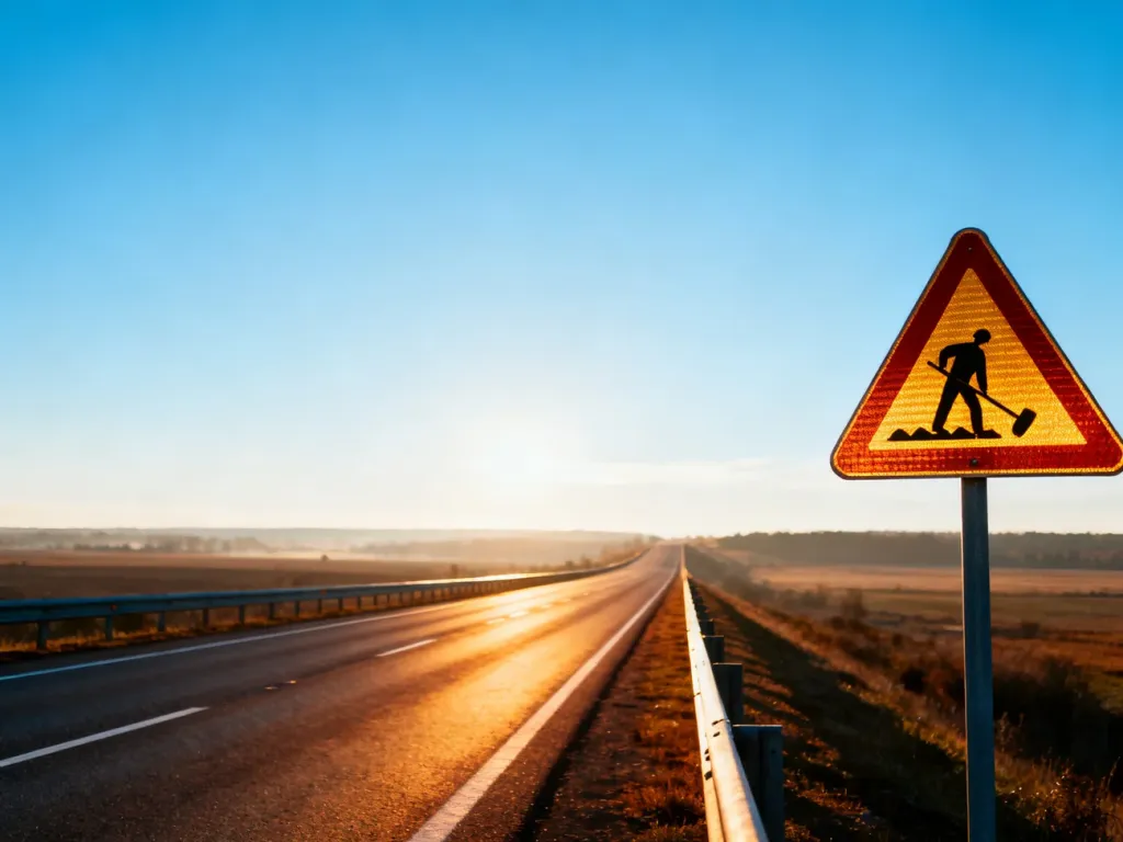 Pusta autostrada w świetle poranka z widocznym znakiem ostrzegawczym informującym o robotach drogowych.