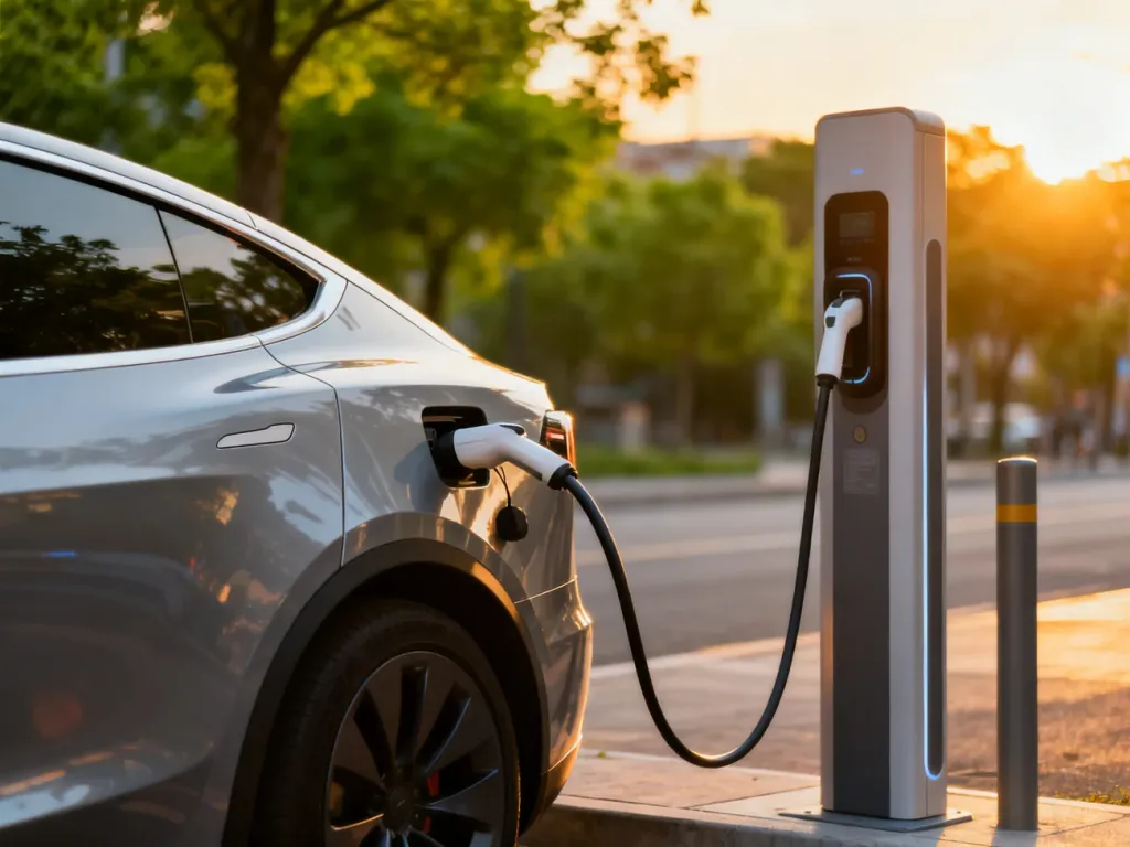 Nowoczesna stacja ładowania samochodu elektrycznego o zachodzie słońca w ekologicznym, miejskim otoczeniu.