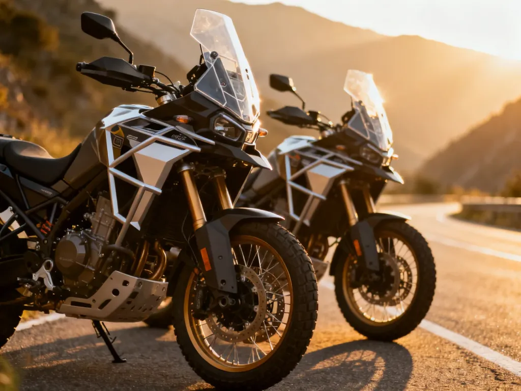 Dwa motocykle typu adventure stojące na asfaltowej drodze podczas zachodu słońca, podkreślające ich sylwetki.