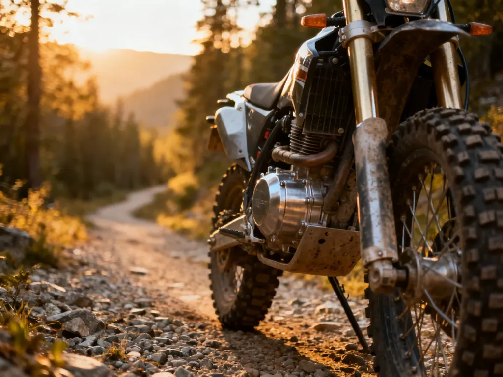 Zbliżenie na silnik i przednie zawieszenie motocykla Honda XR 125 na szutrowej ścieżce w otoczeniu leśnego krajobrazu.