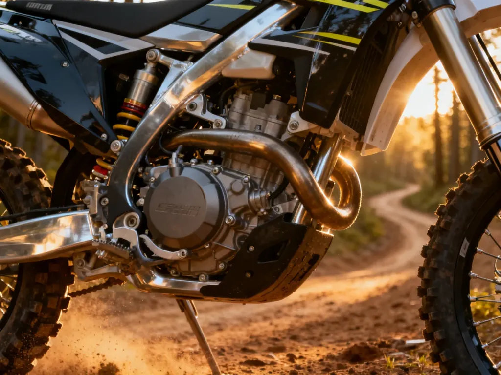 Zbliżenie na precyzyjnie wykonany silnik i ramę motocykla Honda CRF 110 na tle leśnej ścieżki w promieniach zachodzącego słońca.