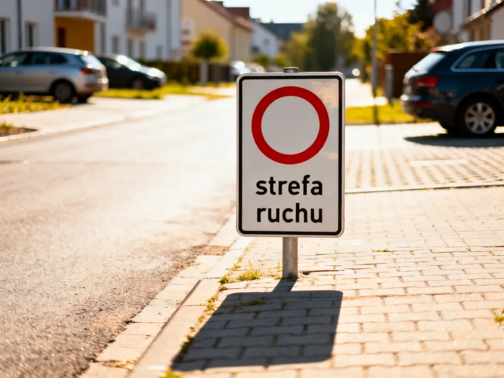 Znak drogowy oznaczający strefę ruchu przy spokojnej ulicy osiedlowej w słoneczny dzień.