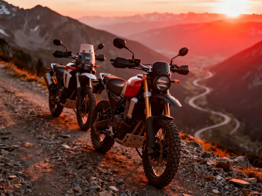 Dwa motocykle typu adventure zaparkowane na górskiej szutrowej drodze podczas zachodu słońca.