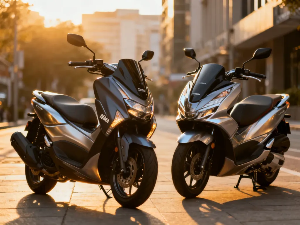 Yamaha Nmax 125 i Honda PCX 125 zaparkowane obok siebie na miejskiej ulicy w świetle zachodzącego słońca.