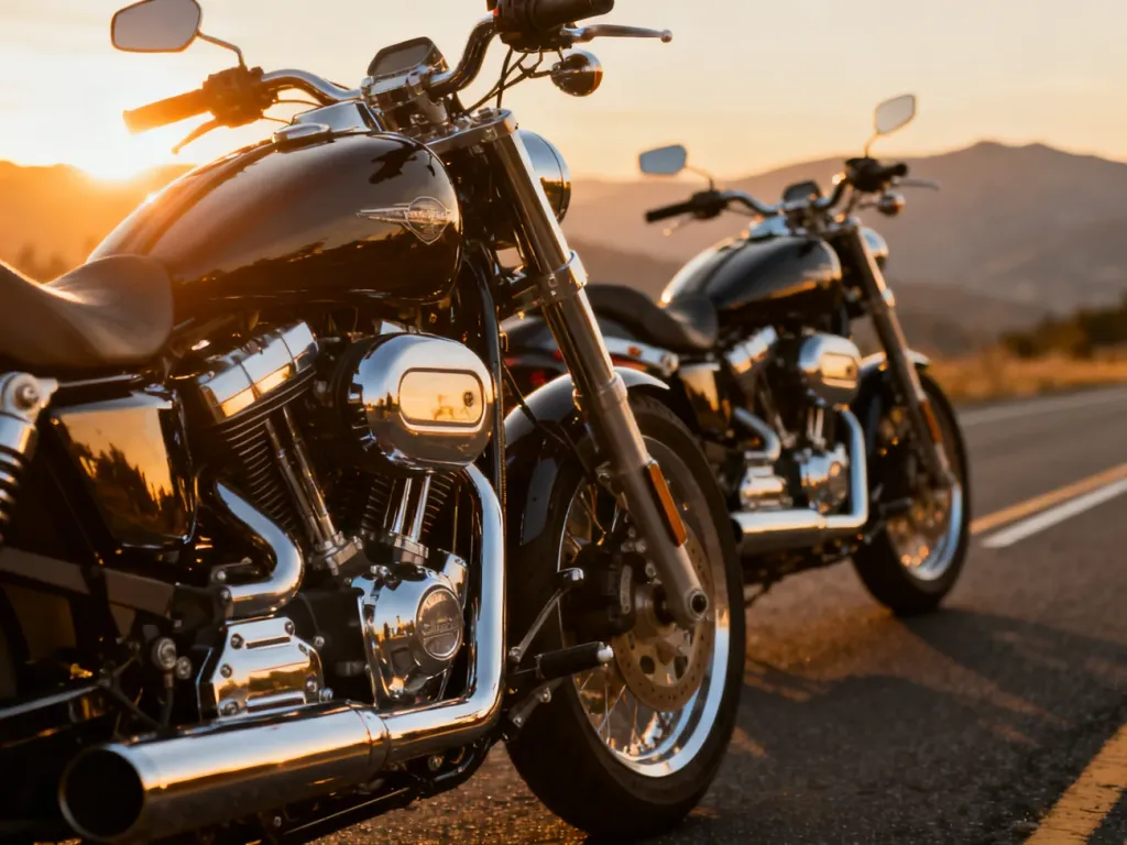 Honda VTX 1800 i Kawasaki Vulcan 1600 zaparkowane obok siebie na tle zachodzącego słońca, podkreślające detale ich konstrukcji.