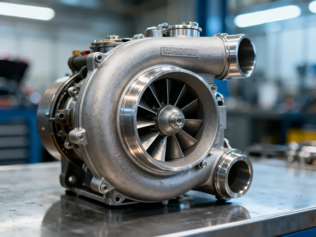 Turbosprężarka o zmiennej geometrii z widocznymi łopatkami wirnika na metalowym stole warsztatowym.