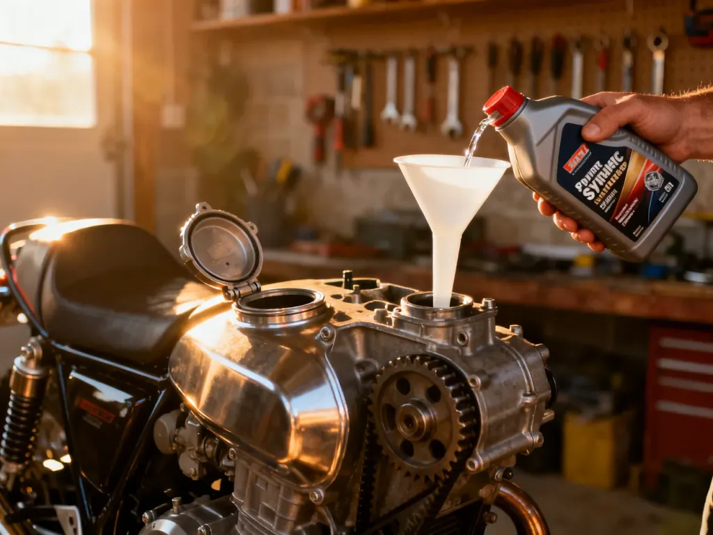 Wlewanie świeżego oleju silnikowego do motocykla Honda Transalp 600 za pomocą lejka w przydomowym warsztacie.