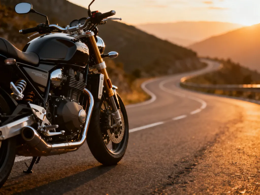 Nowoczesny motocykl zaparkowany na asfaltowej drodze w blasku zachodzącego słońca na tle górskiego krajobrazu.