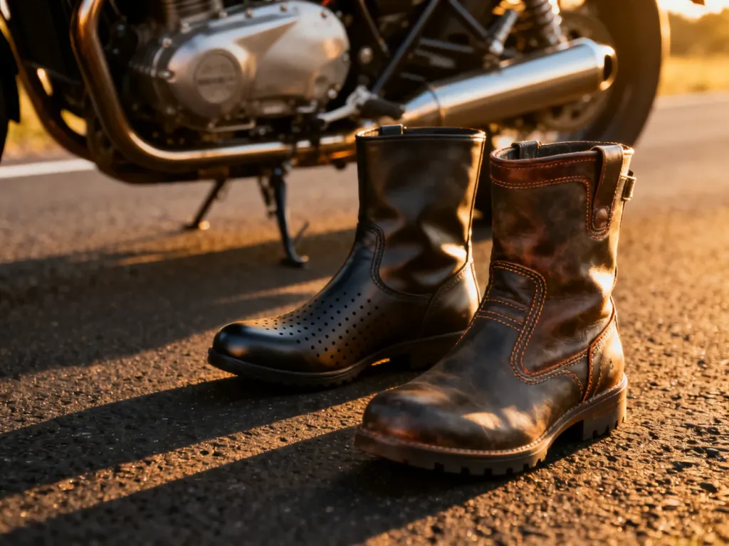 Porównanie letnich butów z perforacją oraz wodoodpornego modelu z membraną na tle motocykla.