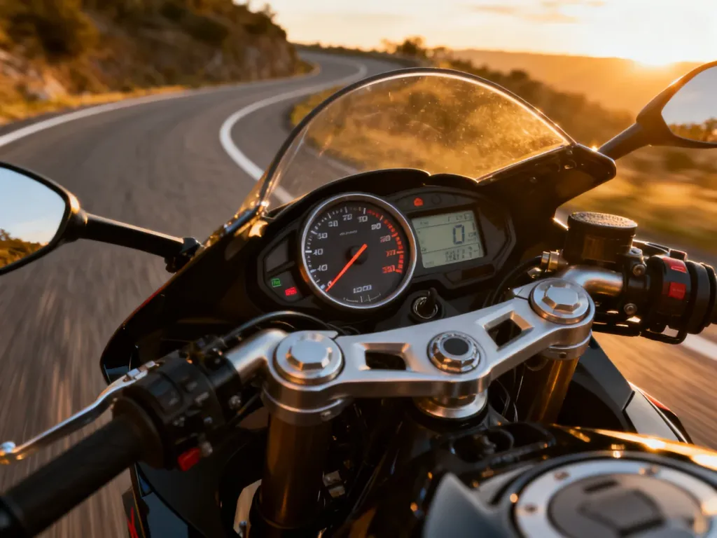 Zbliżenie na deskę rozdzielczą motocykla sportowego z prędkościomierzem wskazującym wysoką prędkość podczas jazdy.