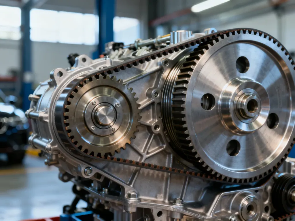 Wnętrze bezstopniowej skrzyni biegów CVT z widocznym metalowym pasem i kołami o zmiennej średnicy.