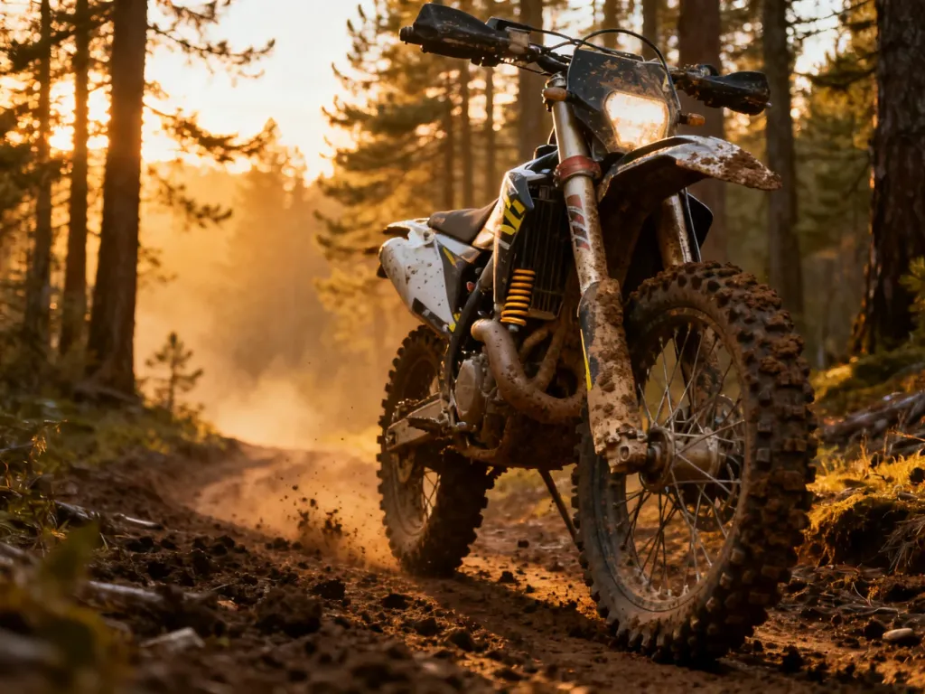 Profesjonalny motocykl enduro zaparkowany na błotnistym leśnym szlaku w świetle zachodzącego słońca.