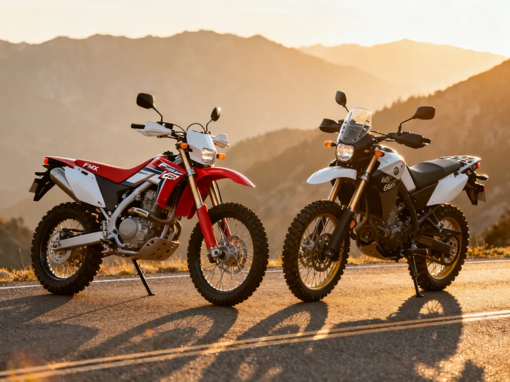 Honda FMX 650 i Yamaha XT 660 zaparkowane obok siebie na górskiej drodze w blasku zachodzącego słońca.
