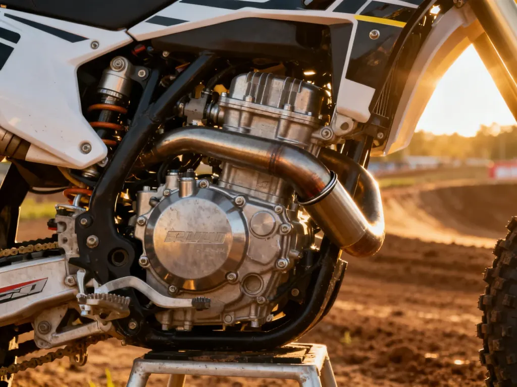 Zbliżenie na silnik motocykla motocrossowego Yamaha 250 4t z widocznymi detalami technicznymi głowicy i układu wydechowego.