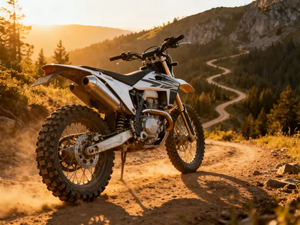 Motocykl typu dual sport zaparkowany na górskim szlaku, gotowy do jazdy w zróżnicowanym terenie.