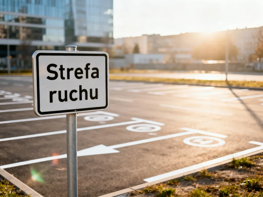 Znak „strefa ruchu” przy wjeździe na uporządkowany parking z wyznaczonymi miejscami postojowymi.